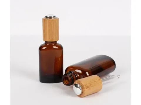 Amber Glass Dropper Bottles with Bamboo Button