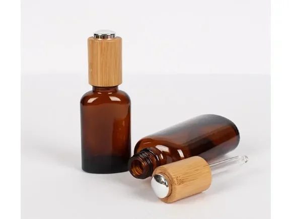 Amber Glass Dropper Bottles with Bamboo Button — main view