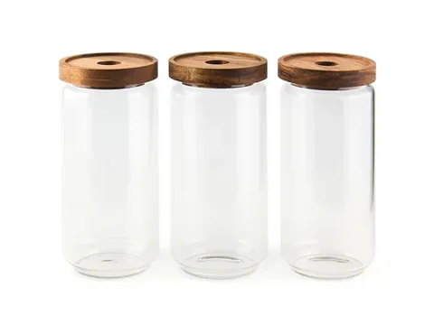 Round Borosilicate Glass Storage Jars with Wooden Lids