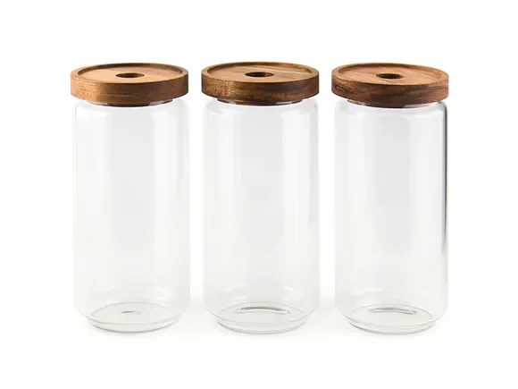 Round Borosilicate Glass Storage Jars with Wooden Lids — main view