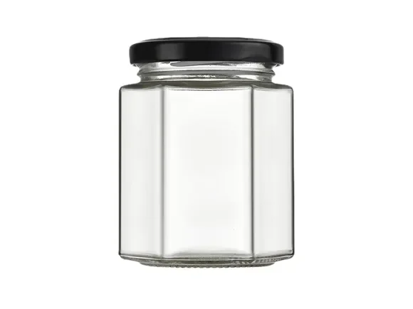 Hexagon Glass Honey Jar with Black Lid — main view