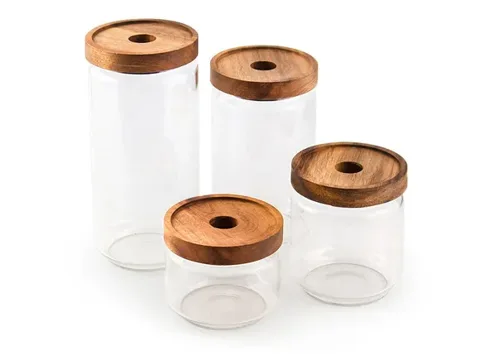 Round Borosilicate Glass Storage Jars with Wooden Lids — view 2