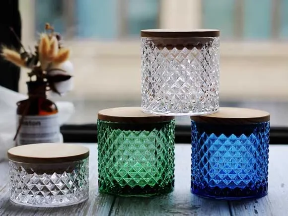 Round Embossed Glass Candle Jars With Wooden Lids — main view