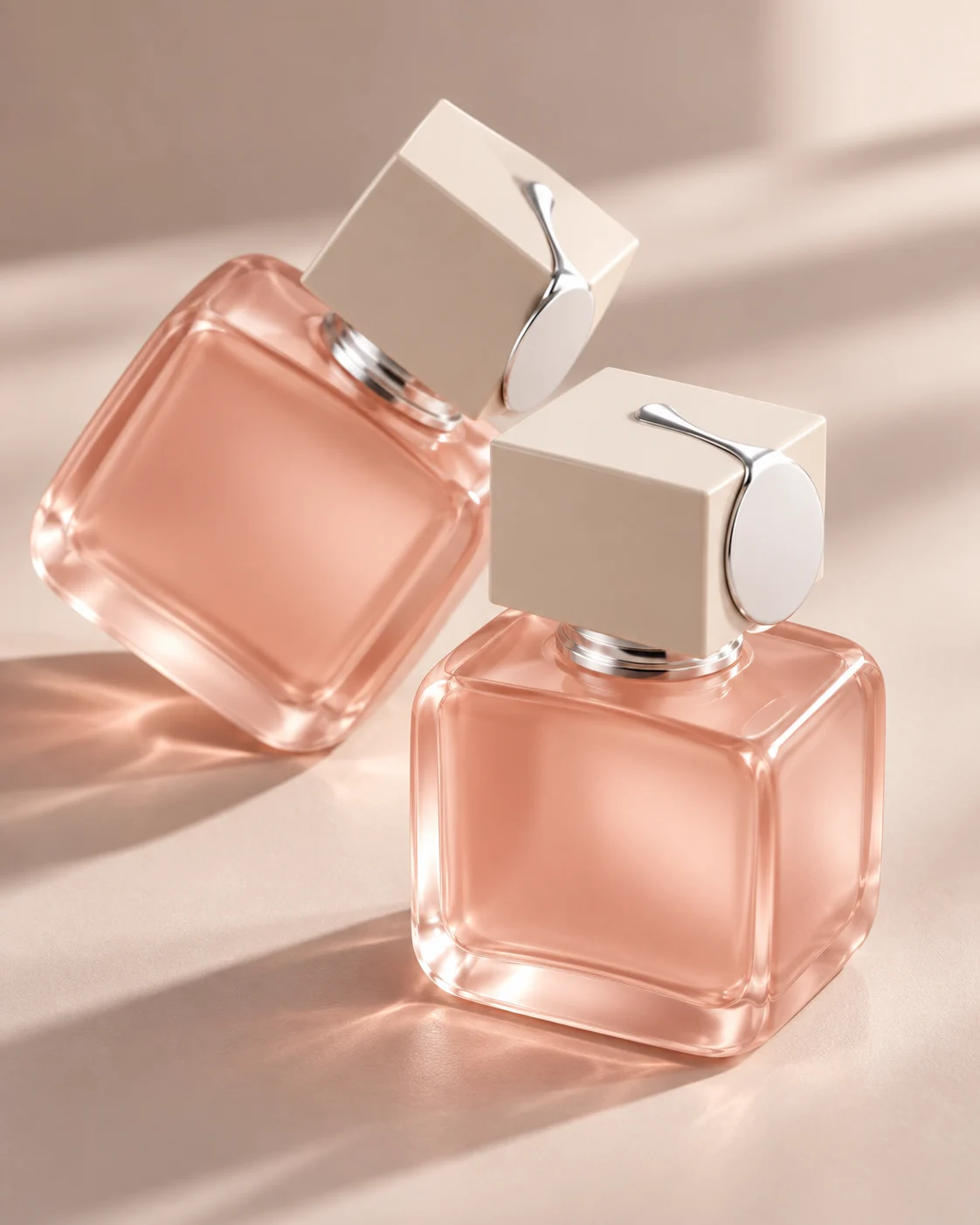 Blush glass perfume bottles with sculptural white caps