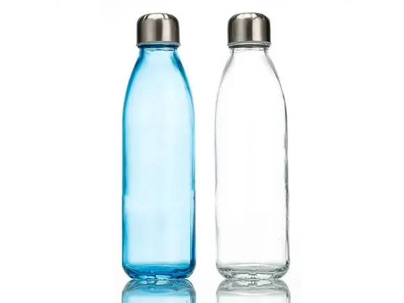 Reusable Clear Blue Glass Sport Water Bottle With Lids — main view