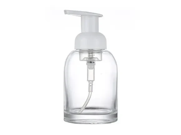 Clear Glass Soap Bottle with White Plastic Pump — main view