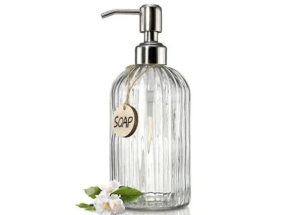 Clear Fluted Glass Hand Dish Soap Dispenser with Pumpy — main view